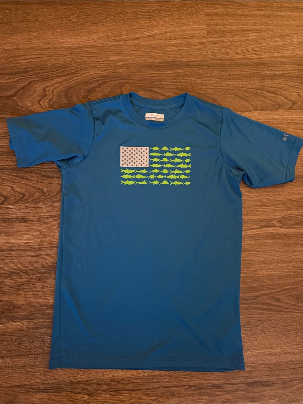 Columbia Blue Short Sleeve Tee with Neon Green Fish Flag